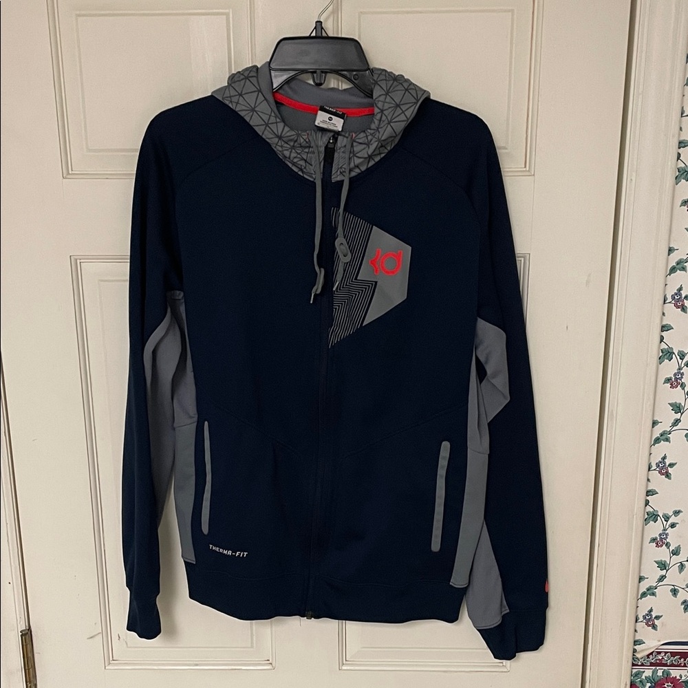 Navy and Gray Kevin Durant zipup hooded jacket with Red KD Logo. Size medium.